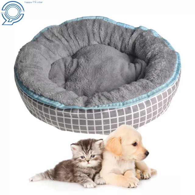 Pet Cat Dog Bed Fluffy Donut Soft Warming Round Grey Check
