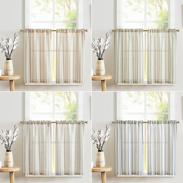 2 Panels Linen Tier Cafe Curtains Stripe Print Kitchen Curtain Rod Pocket