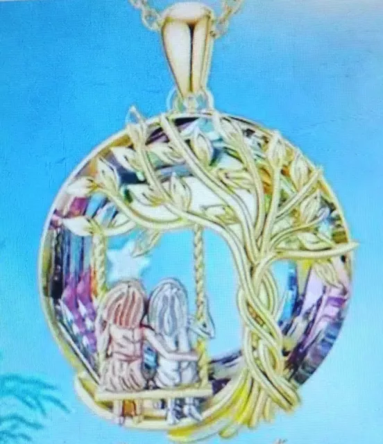 Crystal Gold Coloured Tree Of Life Necklace Pendant Featuring Sisters On A Swing