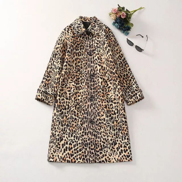 New Design Womens Leopard Print Windbreaker Ladies Fashion Mid Length Overcoat