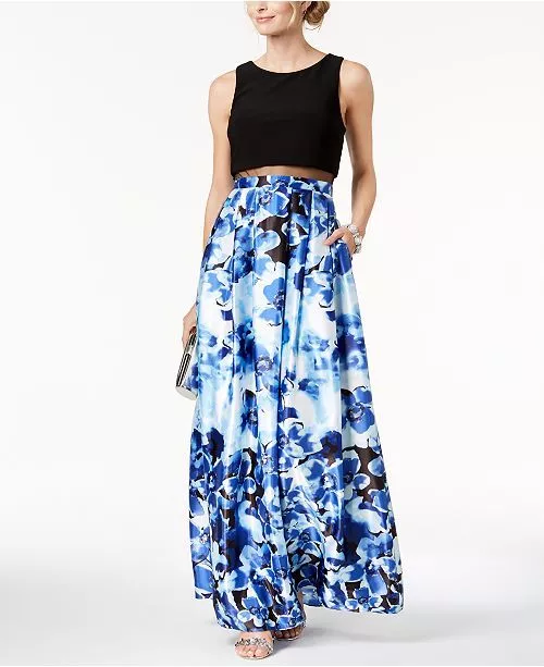 $380 Betsy & Adam Womens Blue White Floral Crew Neck Pleated Gown Dress Size 10