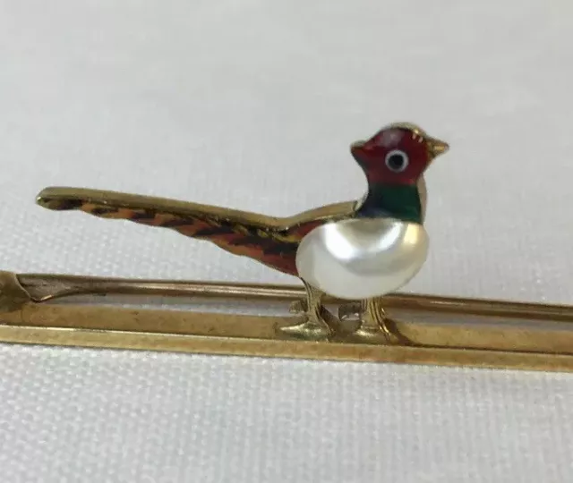 15ct Yellow Gold Green & Red Enamel Pearl Set Pheasant Bar Brooch 5.1cm In Width 2