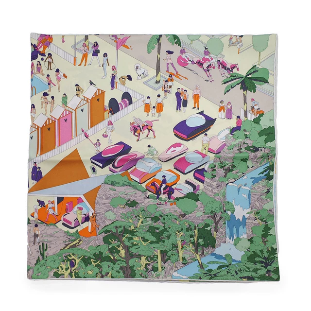 Hermes CARRES 90 Scarf On The Beach H003751S Jaune Soleil Green Multicolor
