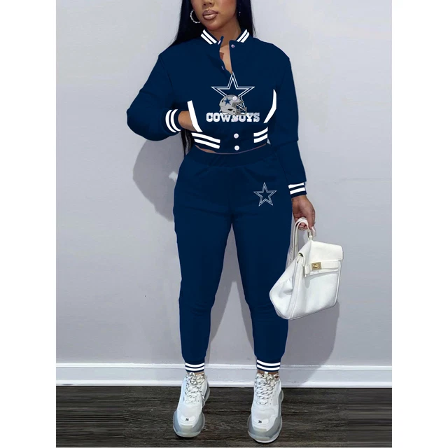 Dallas Cowboys 2PCS Womens Outfits Varsity Jacket Crop Tops Sweatpants Tracksuit