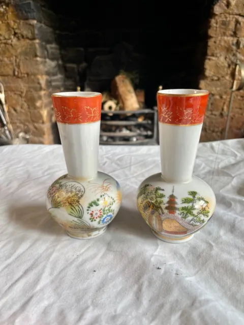 Pair of Antique Japanese Hand Painted Miniature Vases. Pre 1921 Stamped Foreign.