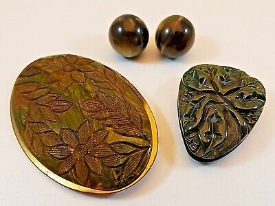 Lot of 4 Bakelite Plastic Jewelry Items Carved Pin Green Clip Round Earrings