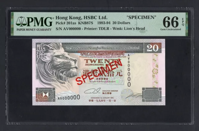 Hong Kong 20 Dollars 1-1-1994 P201as "Specimen" Uncirculated Grade 66