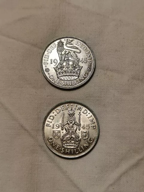 2 George VI one shilling Coins - 1945 - English & Scottish - great condition