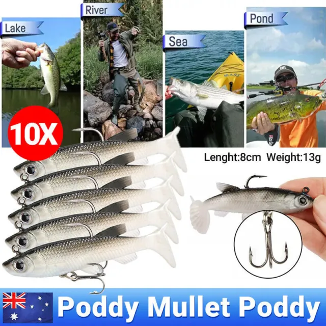 10PCS SOFT PLASTIC Lures Poddy Mullet Flathead Jig Head Barra Cod Fishing  Tackle $11.20 - PicClick AU
