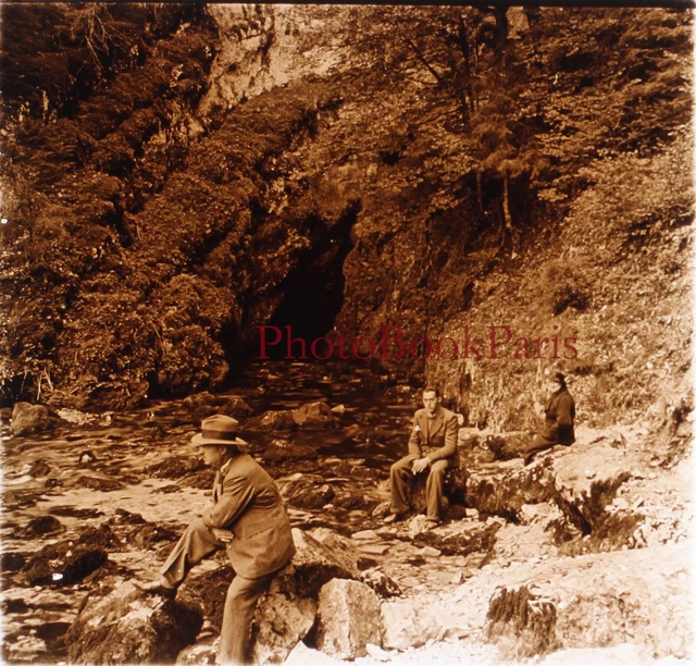 FRANCE Famille Vacances c1930 Photo Plaque de verre Stereo Vintage P29L5n5