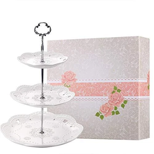 3-Tier Porcelain Cupcake Stand Serving Tray - White Embossed Elegant...