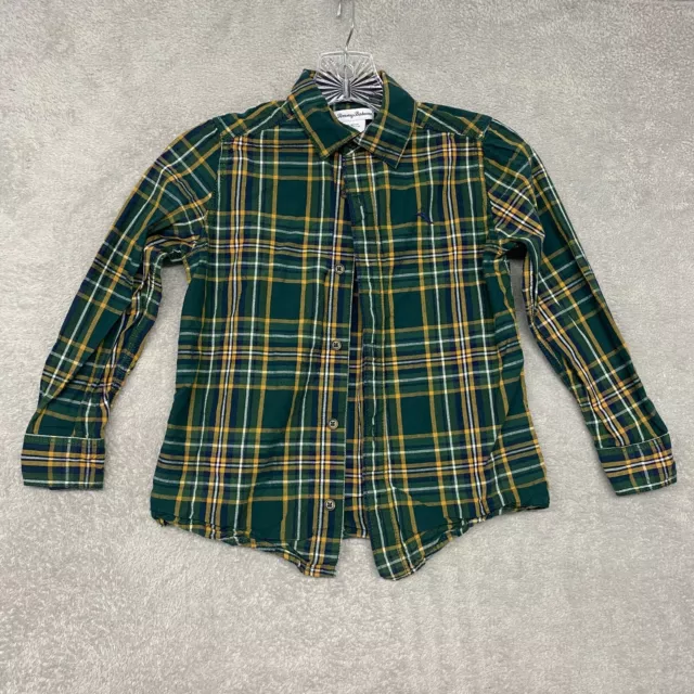 Tommy Bahama Boys Shirt Medium Green Blue Plaid Button Up Cotton 7 8