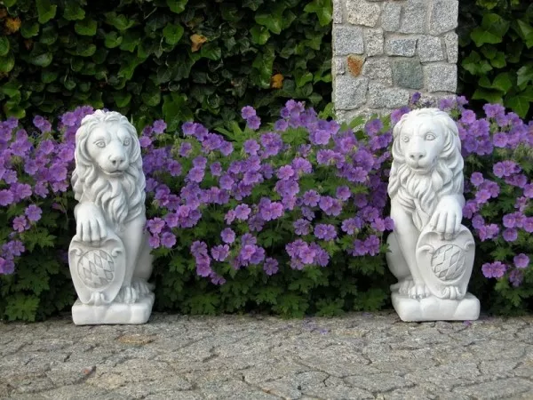 Gartenfiguren Set 2 Löwen mit Wappen, 54 cm, Steinguss, Torwächter, Gartendeko