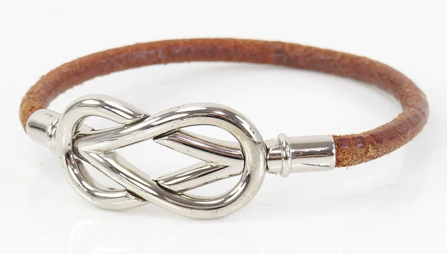 Bracelet Authentique HERMES Modèle Api - Cuir Marron Et Métal Argenté - Occasion (réf. E60930a)