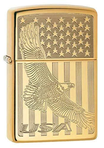 Zippo Lighter: USA Flying Eagle and Flag, Engraved - High Polish Brass 80744