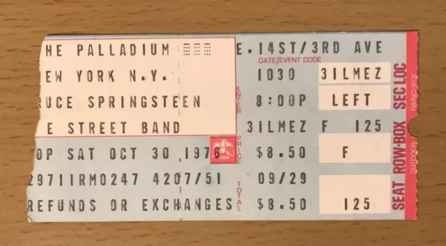 1976 Bruce Springsteen & The E Street Band Palladium Nyc Concert Ticket Stub