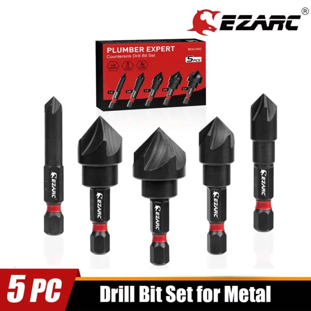 82° 5 Flute Countersink Drill Bit Set for Metal 1/4 In Hex Shank Countersunk Bit