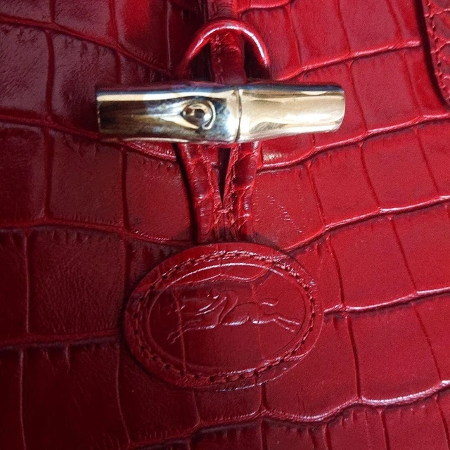 Longchamp Handbag Tote Croc Embossed ROSEAU Rozo Red with Pouch Made in France 8