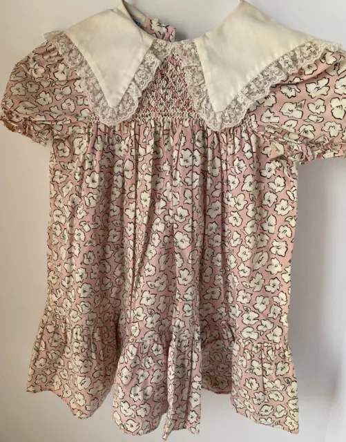 Vintage Polly Flinders Smocked Girls Dress Pink  White Floral Size 5