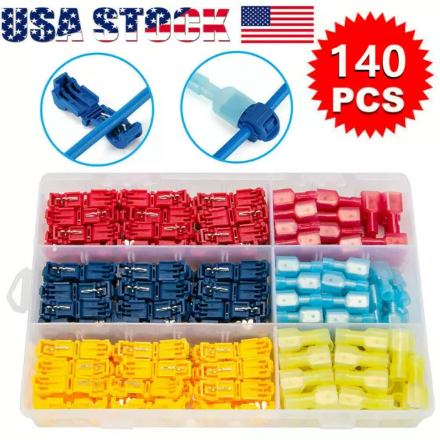 140PCS Insulated 22-10AWG T-Taps Quick Splice Wire Connectors Spade Terminal Kit
