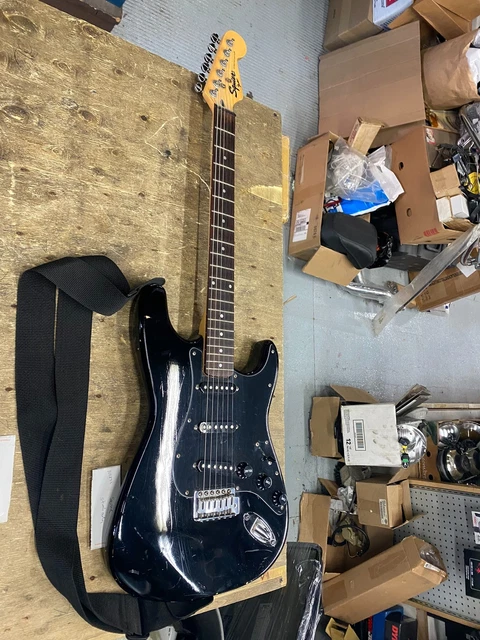 Fender Stratocaster Squire Electric Guitar Black Strap Vtg Korea Musical Instrum