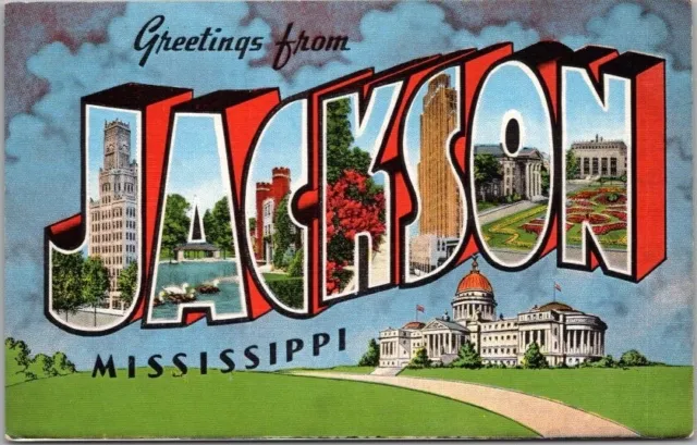 c1940s JACKSON, Mississippi Large Letter Postcard State Capitol / KROPP Linen