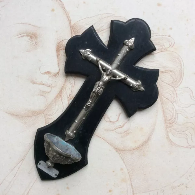 Antico Acquasantiera Crocifisso IN Metallo E Legno Datato 7 Mai 1906