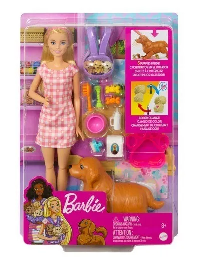Barbie Doll Newborn Pups Playset with Dog 3 Puppies and Accessories NEW