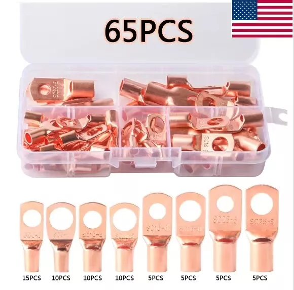 65pcs Copper Tube Terminals Battery Welding Cable Lug Ring Crimp Connectors Kit