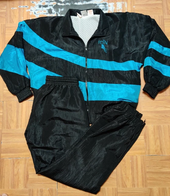 VTG 90's ANACONIA SPORTS sz S  Black Turquoise WIndbreaker Track Jacket  & Pants