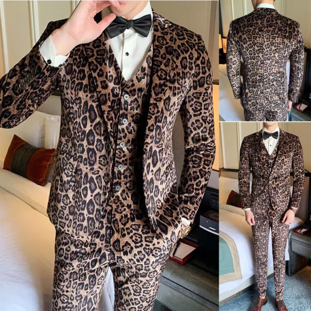 Mens Leopard Print Suit Velvet Wedding Dinner Formal Prom Dress Suits 3 Pieces