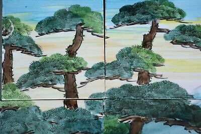 9 Pc Vintage Natural Lake Shore Scenery Design F.M Fish Mark Ceramic Tiles,Japan 2