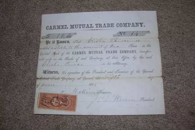 1865 Carmel (Maine) Mutual Trade Co. Stock