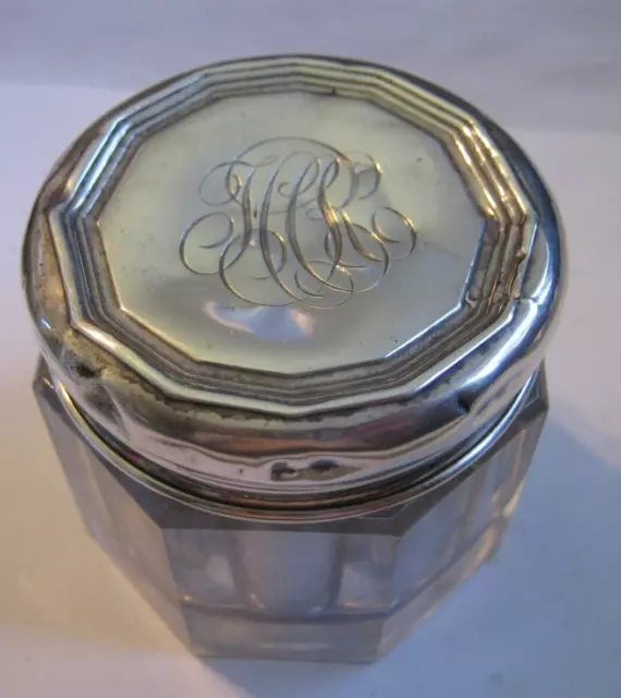 Webster 1910s Sterling & Glass Dresser Jar, Small 2" Size, Fancy "FCR" Monogram Webster 1910s Sterling & Glass Dresser Jar, Small 2" Size, Fancy "FCR" Monogram