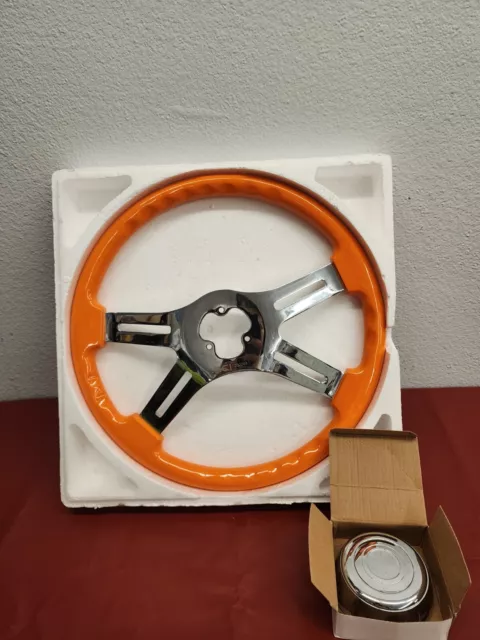 Steering  Orange Wheel 4 Spoke Classic Silver 18" Painted Wood Rim.