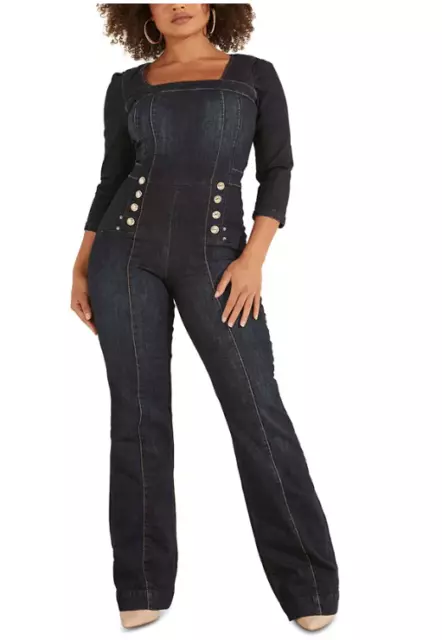$158 Guess Women's Monic 3/4 Sleeve Square Neck Blue Denim Jumpsuit 24x36 B11