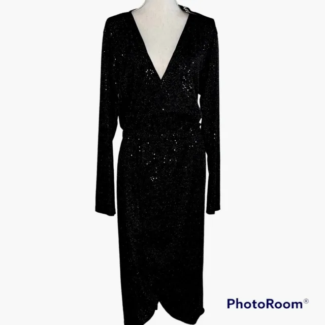 BOOHOO MIDI Dress Black Sequin Wrap Plunge Semi Sheer Womens Plus Size 18 NWT