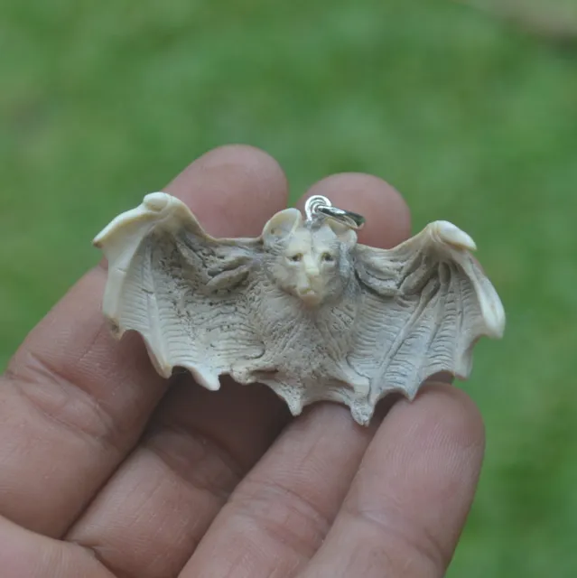 Bat Carving 54x31mm Pendant P4866 w/ Silver in Antler Hand Carved