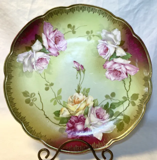 Nippon Japan Hand Painted Pink Green Yellow Roses Plate Antique Gold Trim 9.5 in