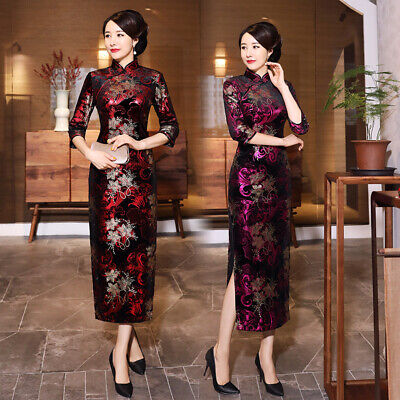 Chinese Traditional Cheongsam Women Velvet Long Dress Prom Qipao Size M-4XL