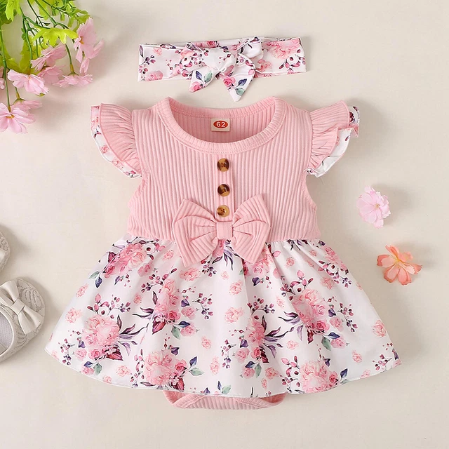 Newborn Baby Girls Floral Ruffle Romper Dress Headband Toddler Summer Outfit Set