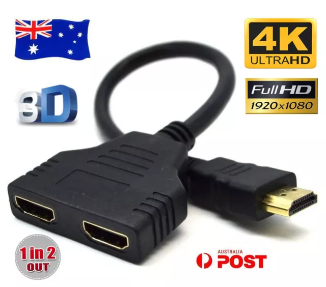 1 In 2 Out HDMI Splitter Amplifier Duplicator Cable Full HD 1080p 3D V1.4 DVD AU