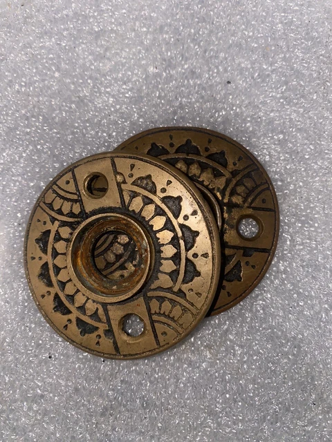 Antique Pair Of Brass Door Knob Rosettes Victorian Eastlake Door Hardware #1