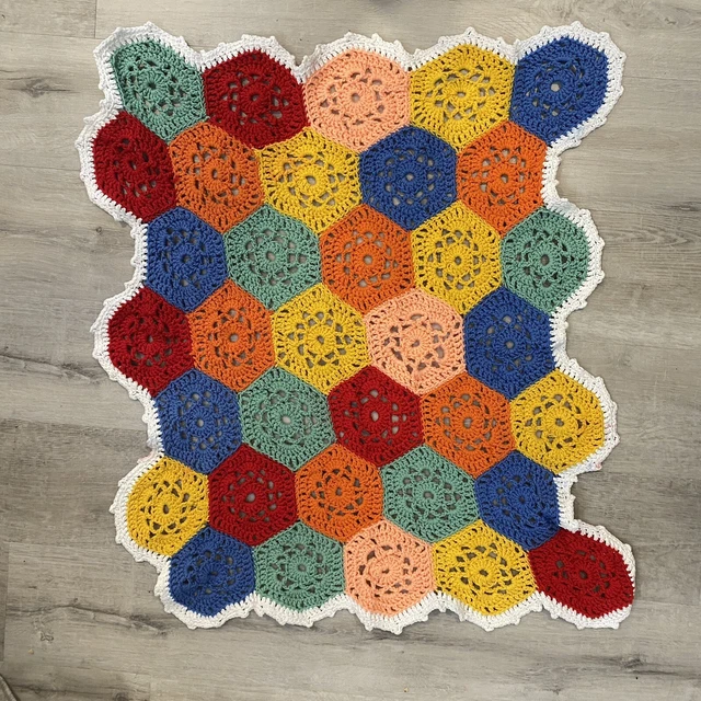 Vintage Handmade Baby Blanket Rainbow Crochet Afghan Knit Colorful