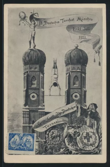 Deutsches Reich Privatganzsache München 13. Turnfest Frauenkirche +selt.Vignette