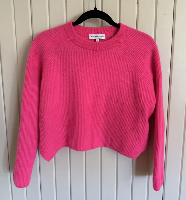 White + Warren Pink 100% Cashmere Ribbed Crop Crewneck Sweater Large