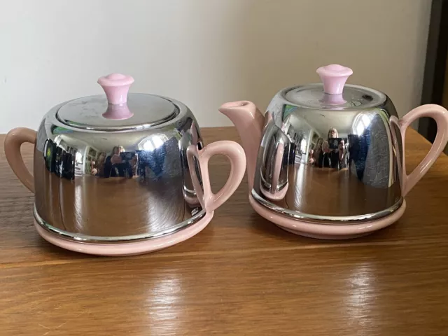 Vintage Pink Ceramic Milk Jug & Sugar Bowl with Chrome Covers