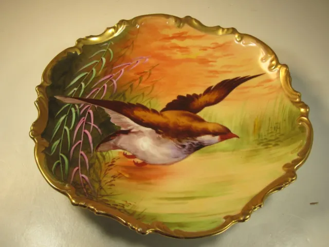 Antique Limoges Coronet Game Plate Hand Painted Bird In Flight Artist Signed