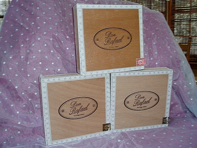 VTG, "DON RAFAEL, Lot of 3, WOODEN CIGAR BOXES", Flip~up Lid, Churchill Cigars