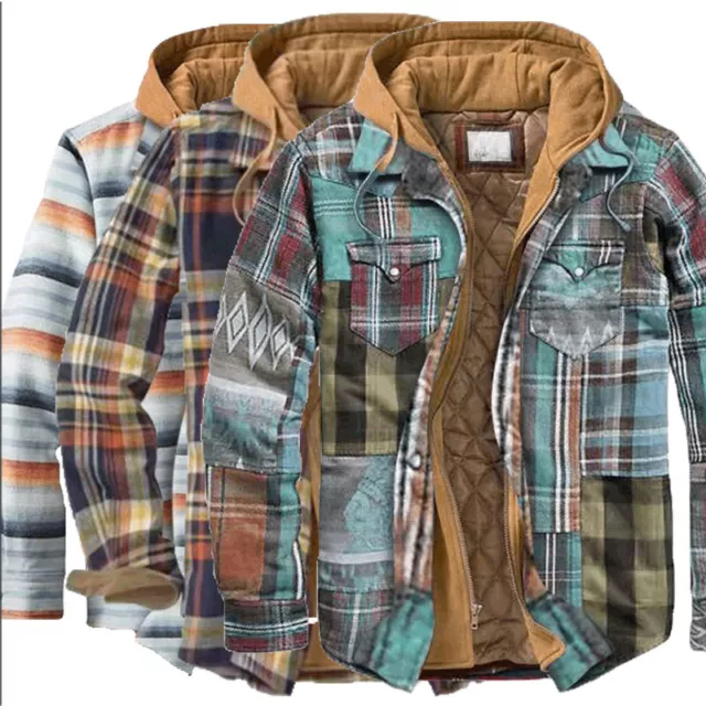 Mens Heavy Fleece Lined Sherpa Hoodie Plaid Flannel Jacket Hood Coat Sweatshirt#